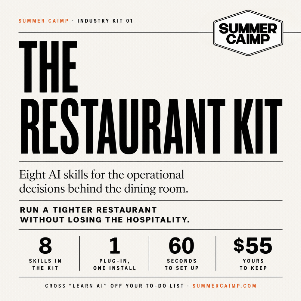 The Restaurant Kit — Eight Skills for the operators — menu, margins, staffing and the Friday night rush.