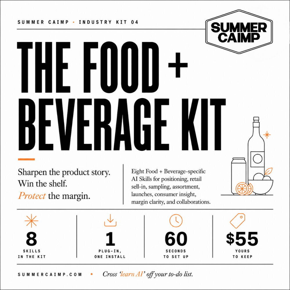 The Food + Beverage Kit — Sharpen the product story, the packaging and the pitch to every buyer.